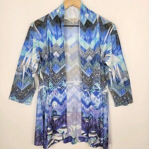 Jess & Jane Art to Wear Womens Cardigan M Blue Chevron Abstract Crushed Knit USA